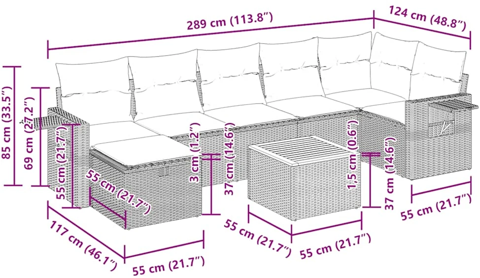 Sofos komplektas su pagalvėlėmis, 8 dalių, juodas, poliratanas