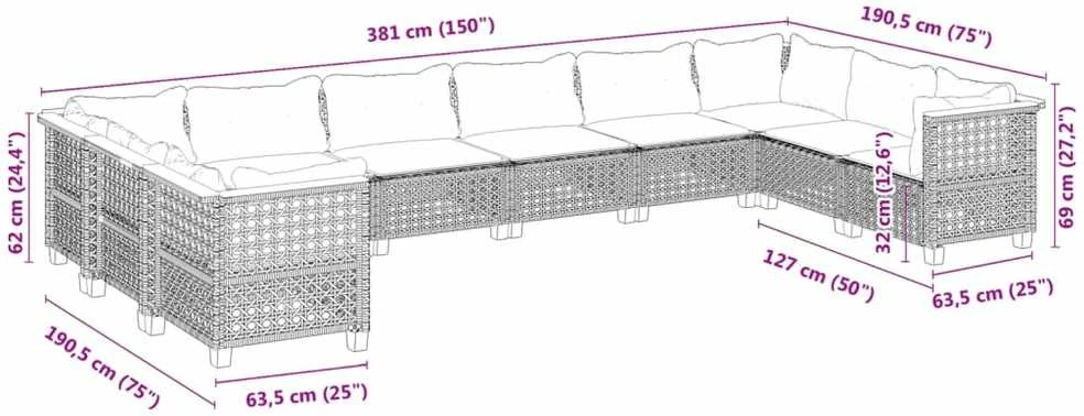 Sofos komplektas su pagalvėlėmis, 10 dalių, smėlio, poliratanas