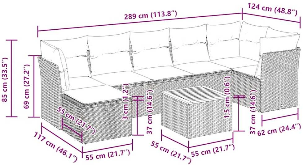 Lauko baldų komplektas Sofos komplektas su pagalvėlėmis, 8 dalių, juodas, poliratanas