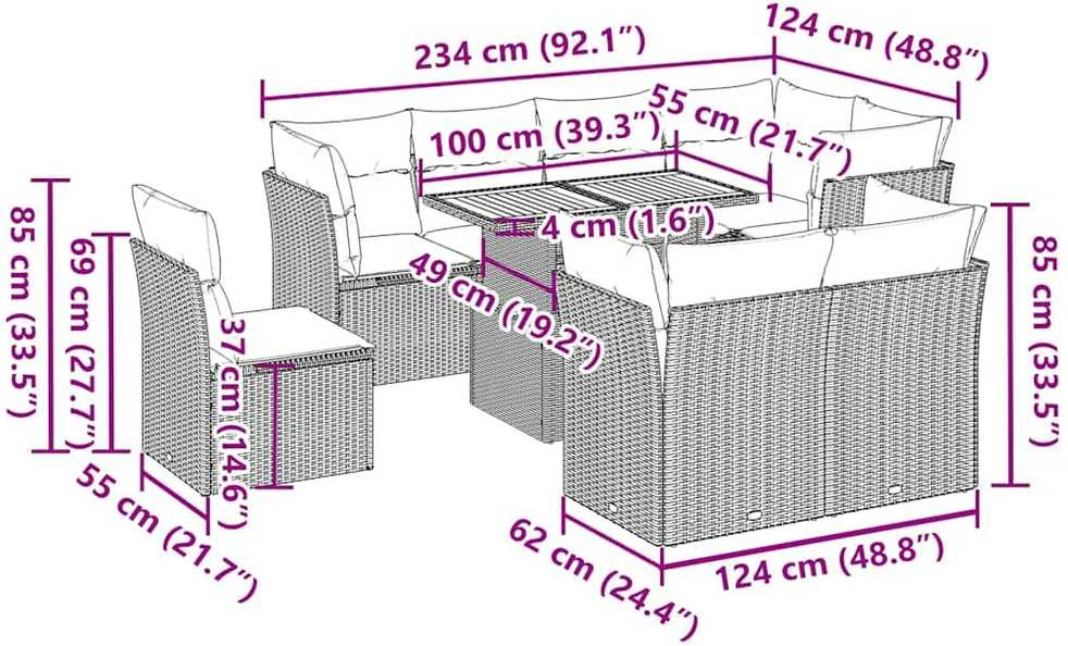 Sofa Sofos komplektas su pagalvėlėmis, 9 dalių, pilkas, poliratanas