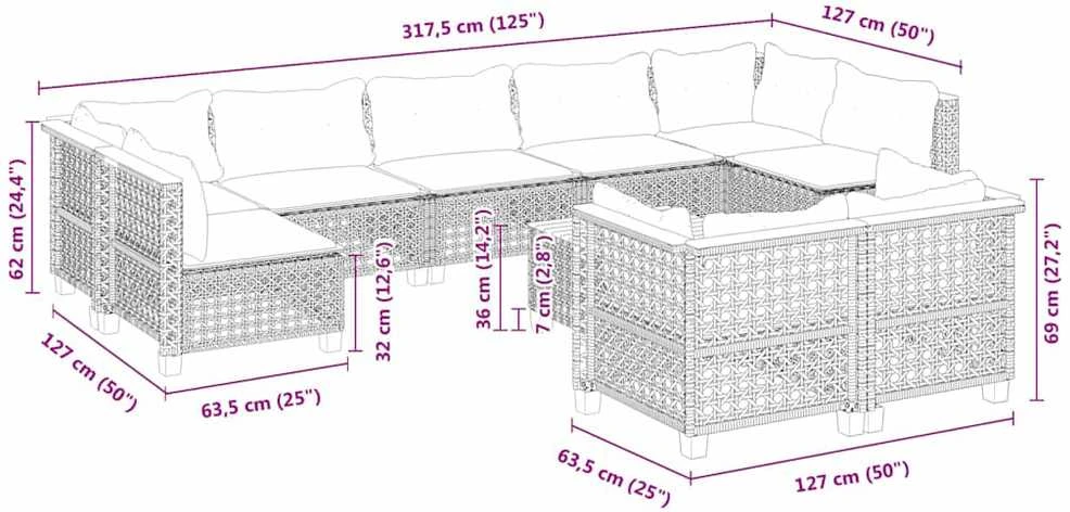 Lauko baldų komplektas Sofos komplektas su pagalvėlėmis, 10 dalių, smėlio, poliratanas