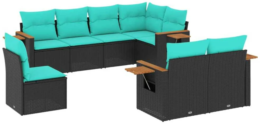 Sofa Sofos komplektas su pagalvėlėmis, 8 dalių, juodas, poliratanas