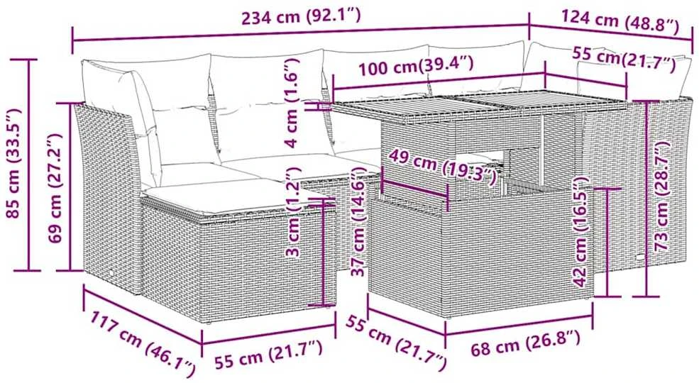 Lauko baldų komplektas Sofos komplektas su pagalvėlėmis, 7 dalių, juodas, poliratanas