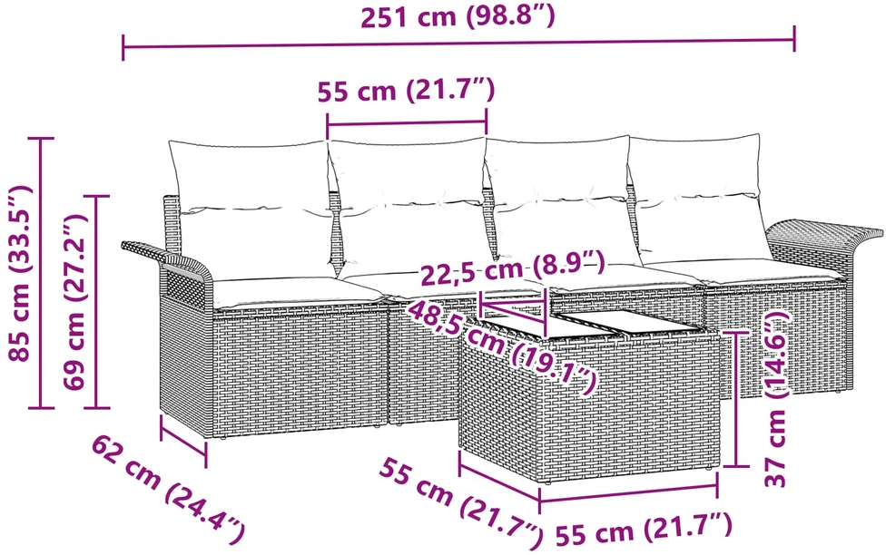 Sofos komplektas 5 vnt. Pilka poliratanas