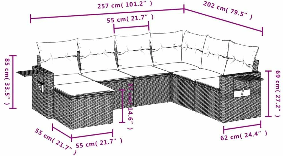 Lauko baldų komplektas Sofos komplektas su pagalvėlėmis, 7 dalių, pilkas, poliratanas