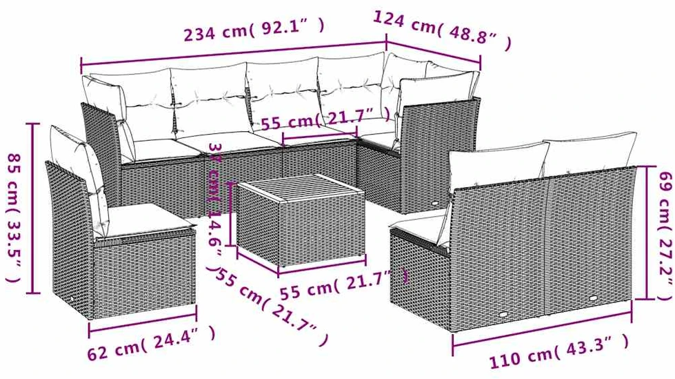 Sofos komplektas su pagalvėlėmis, 9 dalių, juodas, poliratanas