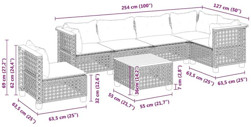 Sofos komplektas su pagalvėlėmis, 7 dalių, smėlio, poliratanas
