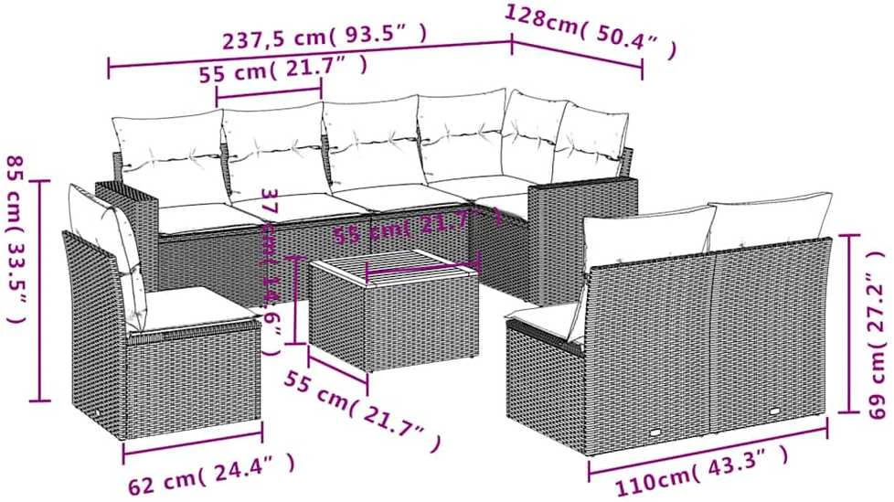 Sofos komplektas su pagalvėlėmis, 9 dalių, juodas, poliratanas