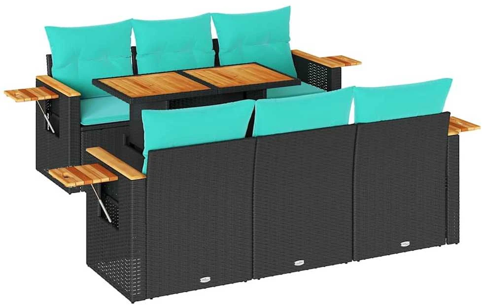 Lauko baldų komplektas Sofos komplektas su pagalvėlėmis, 7 dalių, juodas, poliratanas