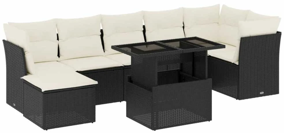 Lauko baldų komplektas Sofos komplektas su pagalvėlėmis, 8 dalių, juodas, poliratanas