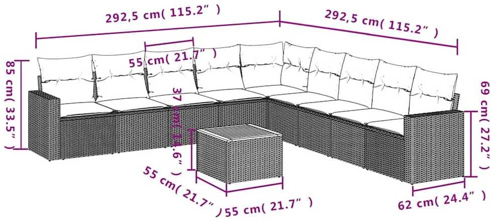 Lauko baldų komplektas Sofos komplektas su pagalvėlėmis, 10 dalių, juodas, poliratanas