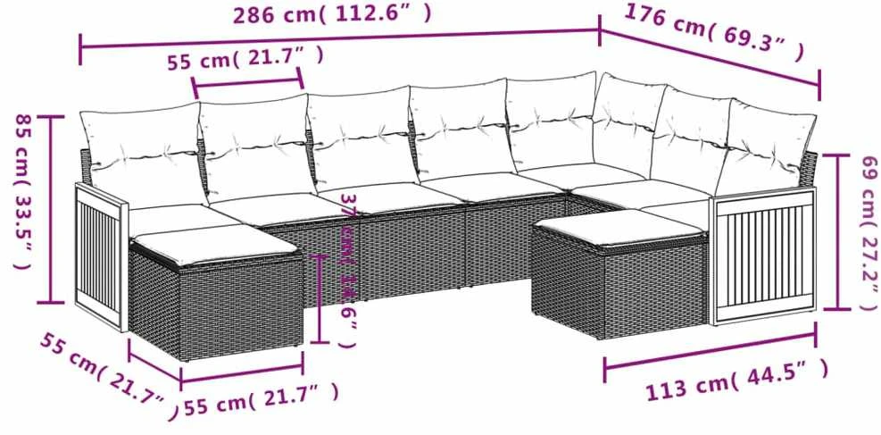 Lauko baldų komplektas Sofos komplektas su pagalvėlėmis, 9 dalių, pilkas, poliratanas