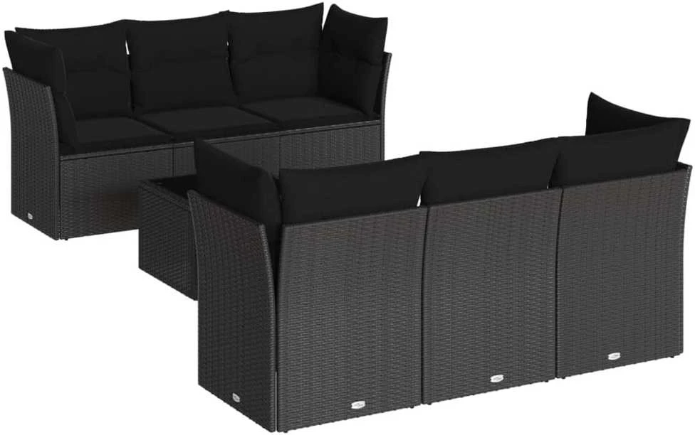 Lauko baldų komplektas Sofos komplektas su pagalvėlėmis, 7 dalių, juodas, poliratanas