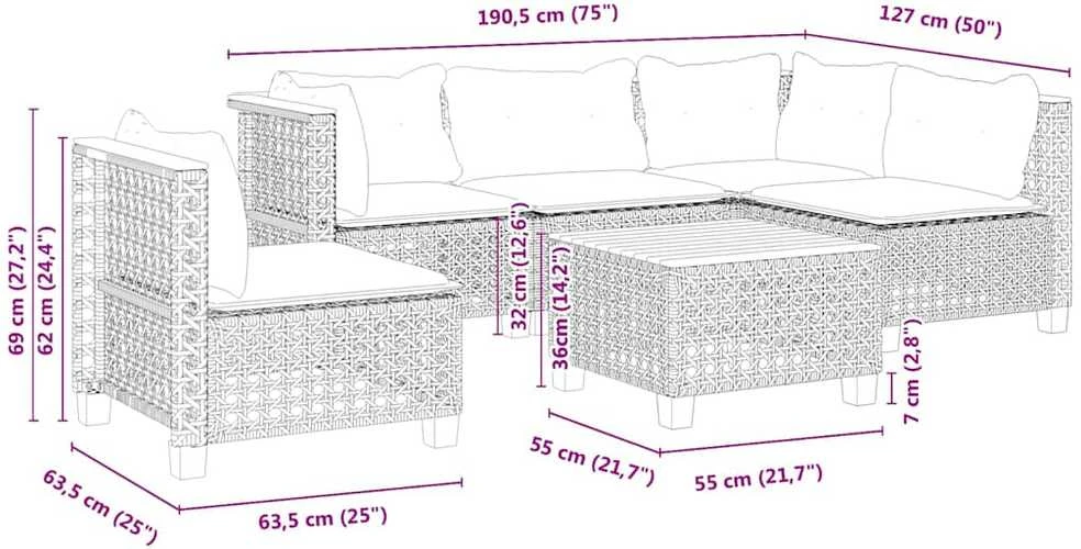 Sofos komplektas su pagalvėlėmis, 6 dalių, smėlio, poliratanas