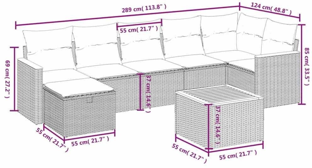 Lauko baldų komplektas Sofos komplektas su pagalvėlėmis, 8 dalių, juodas, poliratanas