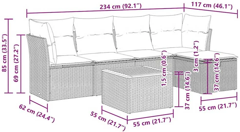 Lauko baldų komplektas Sofos komplektas su pagalvėlėmis, 6 dalių, juodas, poliratanas