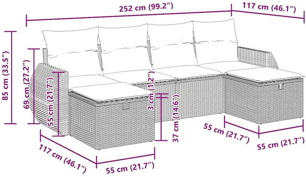 Lauko baldų komplektas Sofos komplektas su pagalvėlėmis, 6 dalių, juodas, poliratanas