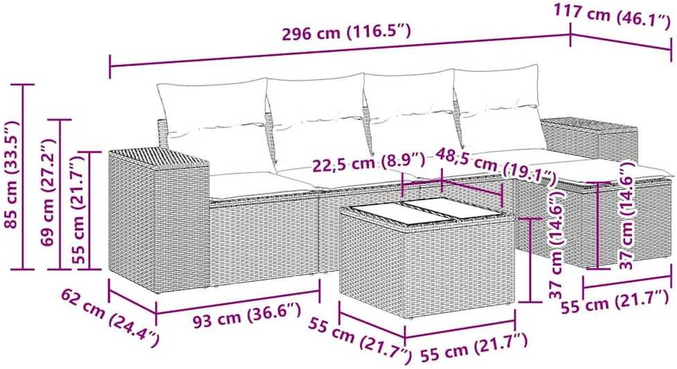 Lauko baldų komplektas Sofos komplektas su pagalvėlėmis, 6 dalių, rudas, poliratanas