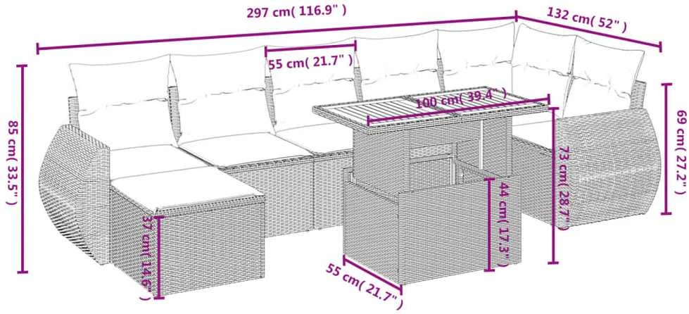 Lauko baldų komplektas Sofos komplektas su pagalvėlėmis, 8 dalių, smėlio, poliratanas