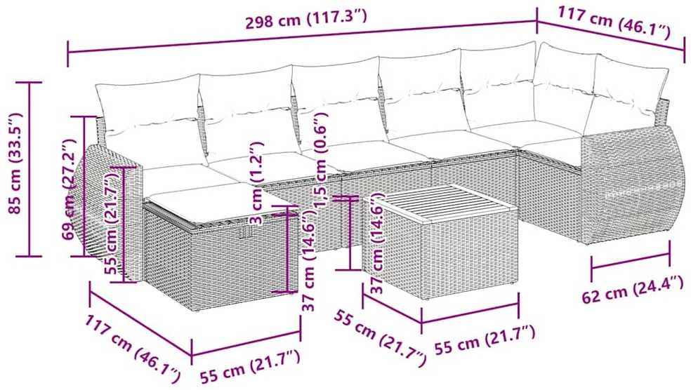 Lauko baldų komplektas Sofos komplektas su pagalvėlėmis, 8 dalių, juodas, poliratanas