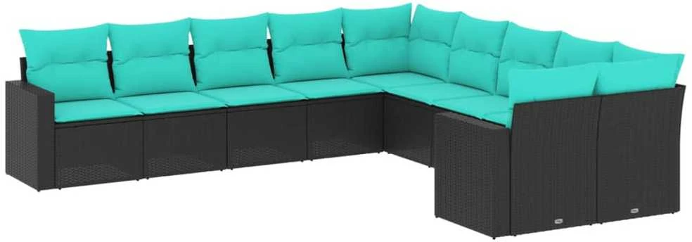 Sofa Sofos komplektas su pagalvėlėmis, 10 dalių, juodas, poliratanas