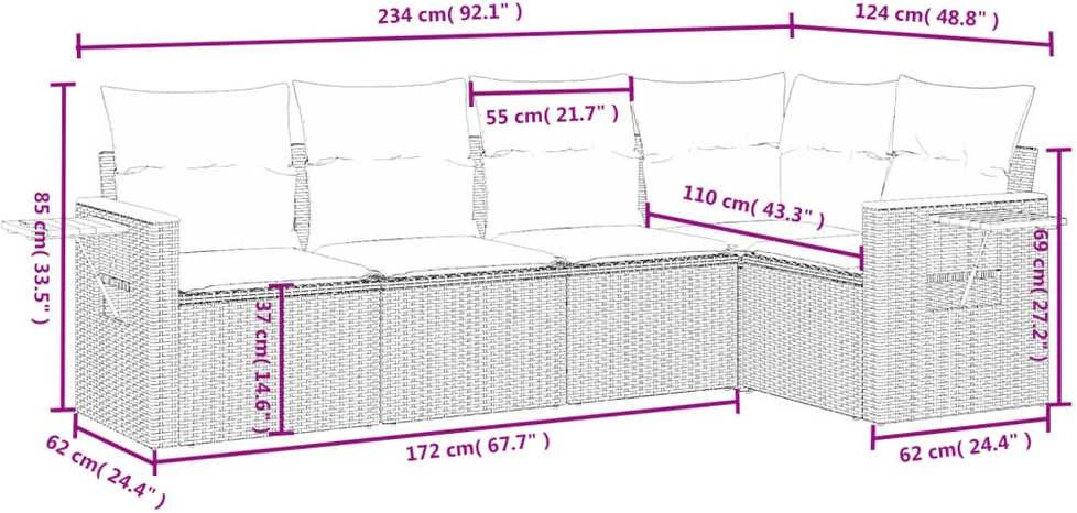 Lauko baldų komplektas Sofos komplektas su pagalvėlėmis, 5 dalių, pilkas, poliratanas