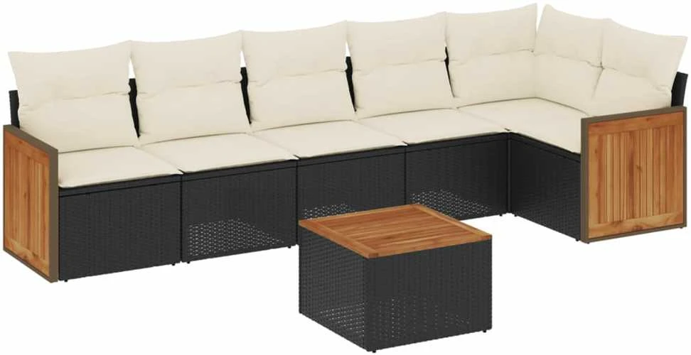 Lauko baldų komplektas Sofos komplektas su pagalvėlėmis, 7 dalių, juodas, poliratanas