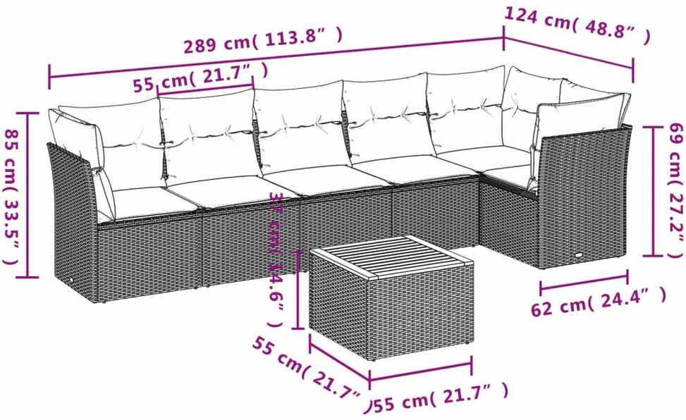Lauko baldų komplektas Sofos komplektas su pagalvėlėmis, 7 dalių, juodas, poliratanas