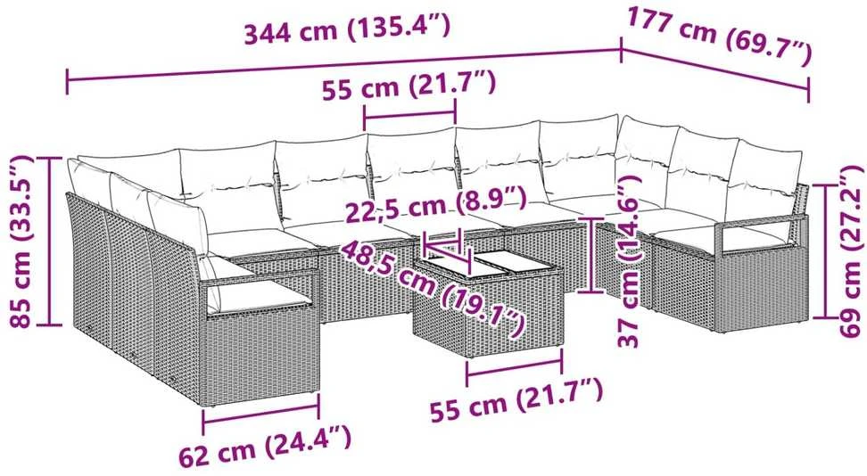 Lauko baldų komplektas Sofos komplektas 11 vnt. Ruda poliratanas