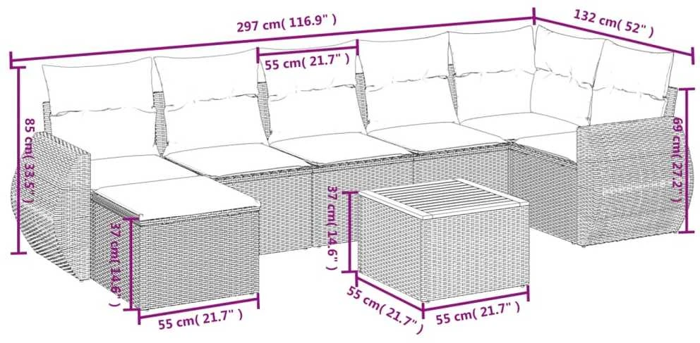 Sofos komplektas su pagalvėlėmis, 8 dalių, juodas, poliratanas