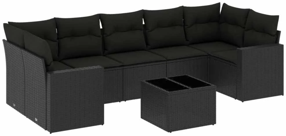 Lauko baldų komplektas Sofos komplektas su pagalvėlėmis, 8 dalių, juodas, poliratanas