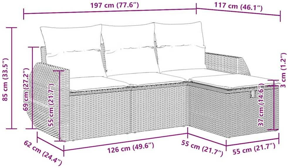 Sofos komplektas su pagalvėlėmis, 4 dalių, rudas, poliratanas