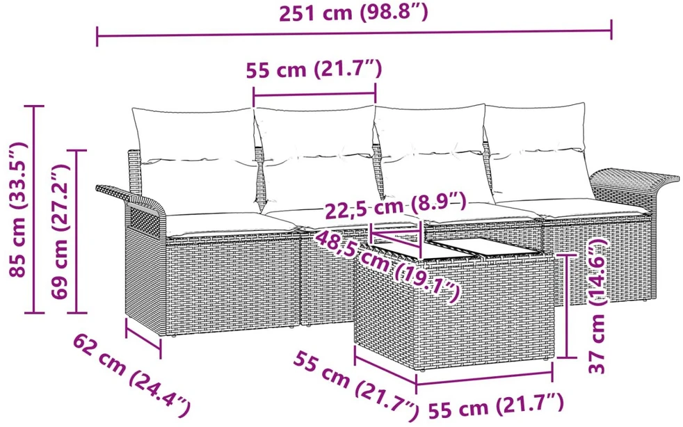 Sofos komplektas 5 vnt. Pilka poliratanas