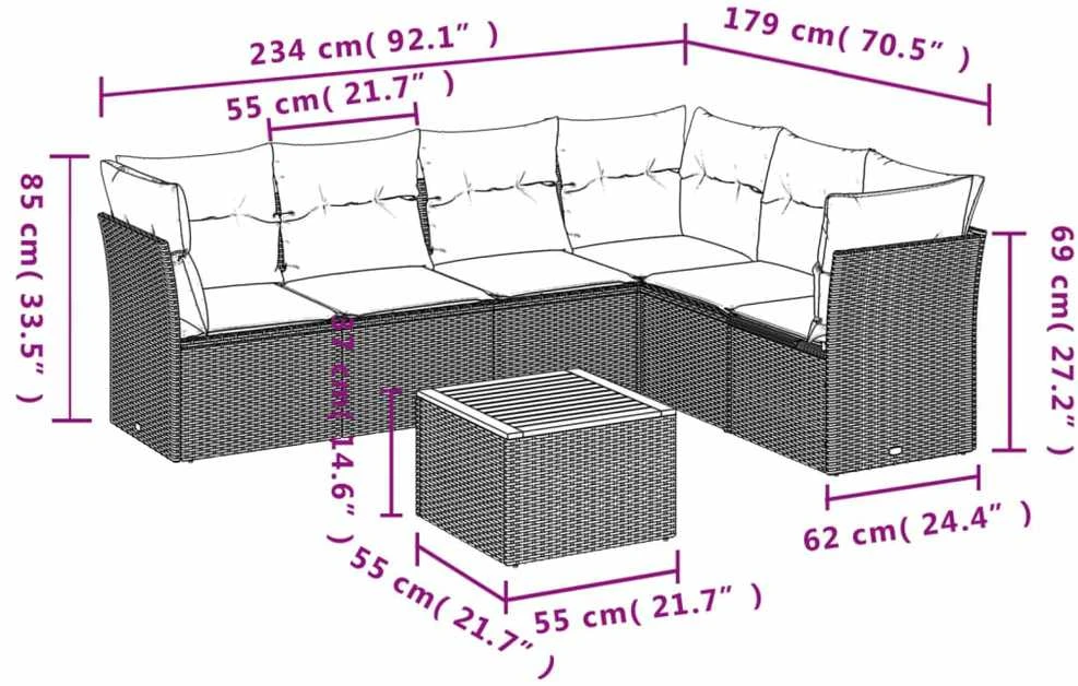 Lauko baldų komplektas Sofos komplektas su pagalvėlėmis, 7 dalių, juodas, poliratanas