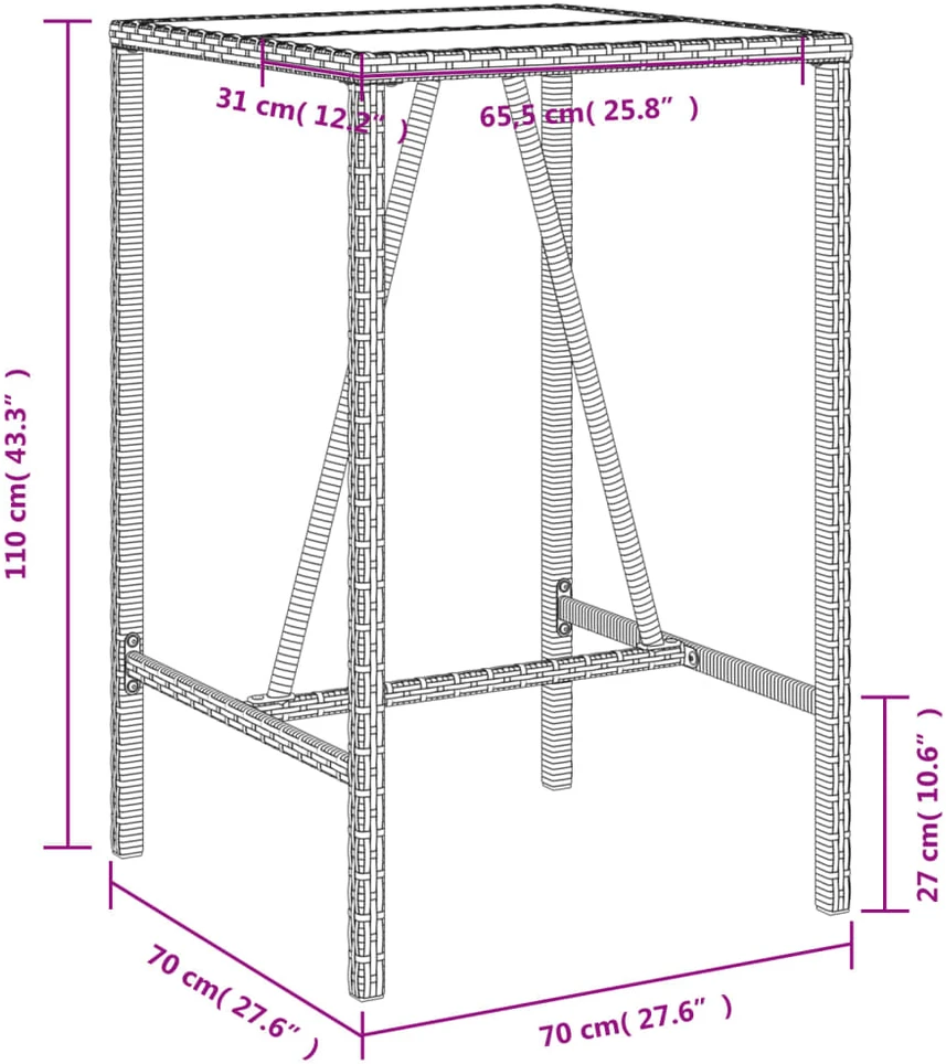 Lauko baro stalas, rudos spalvos, 70x70x110cm, poliratanas