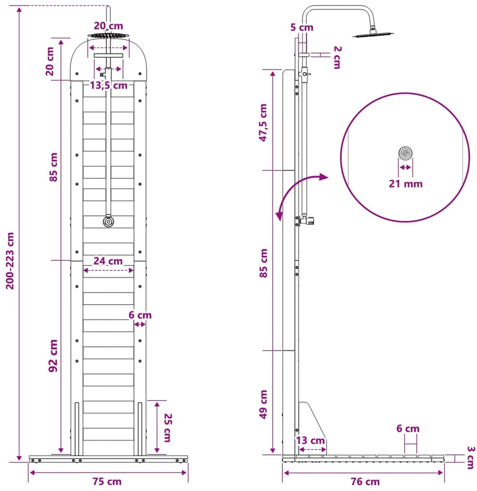 Lauko dušas 223 cm Kietosios maumedžio ir nerūdijančio plieno
