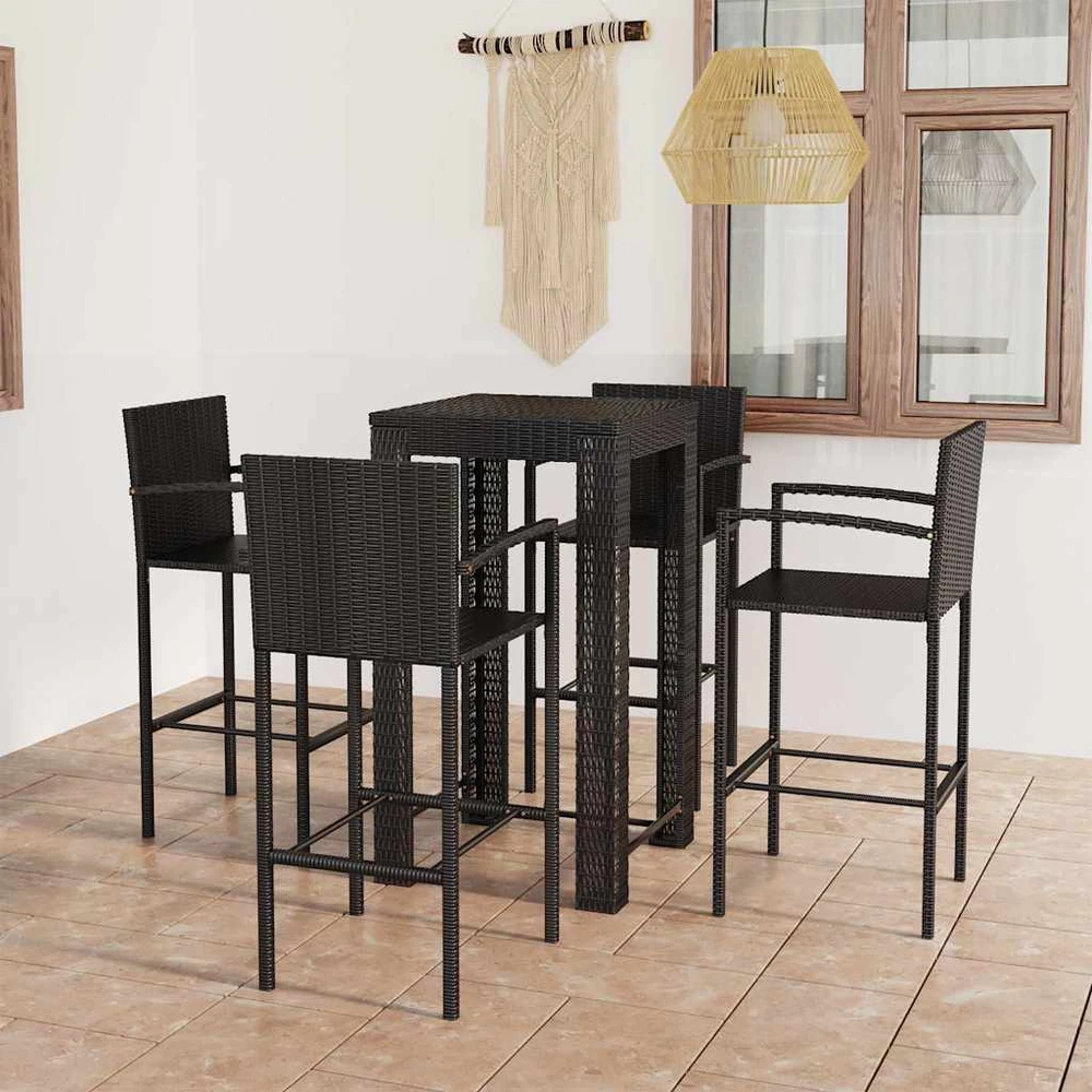 Lauko baldų komplektas Lauko komplektas su porankiais, 5 dalių, juodas, poliratanas