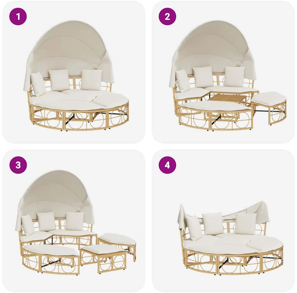 lauko poilsio lova su baldakimu poliruoto rotango pagalvėlėmis