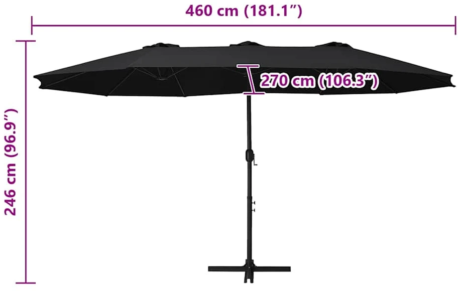 Lauko skėtis nuo saulės su aliuminio stulpu, juodas, 460x270cm