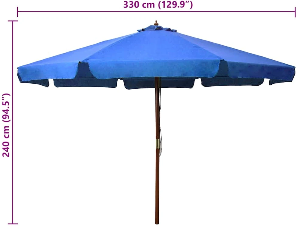 Lauko skėtis nuo saulės su mediniu stulpu, mėlynas, 330cm