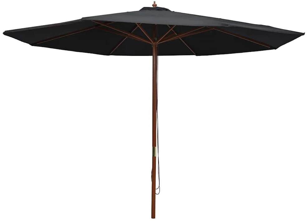 Lauko skėtis nuo saulės su mediniu stulpu, juodas, 350cm