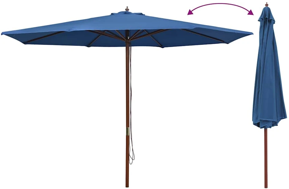 Lauko skėtis nuo saulės su mediniu stulpu, mėlynas, 350cm