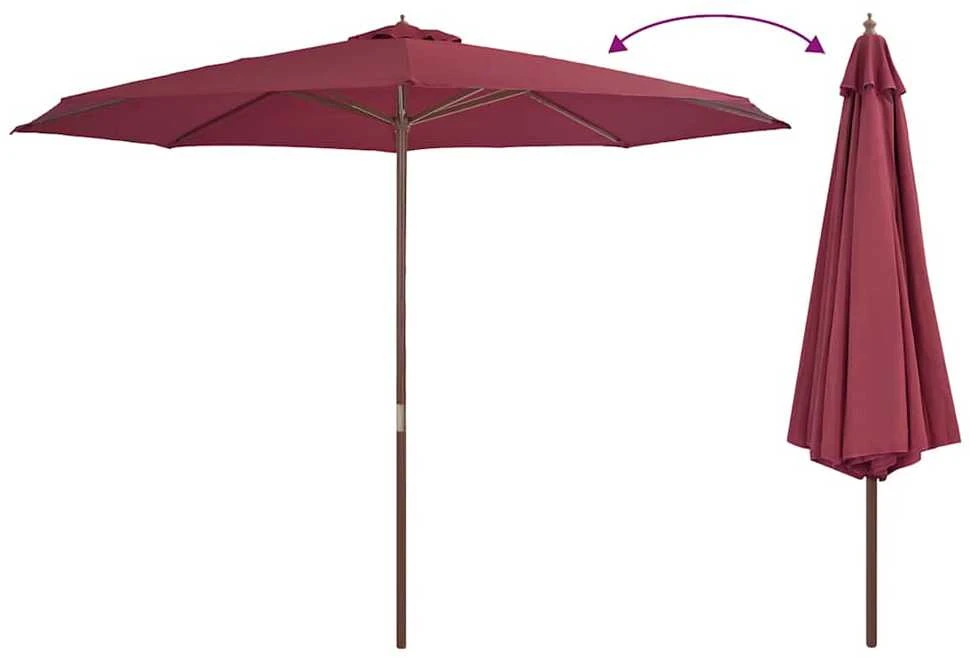 Lauko skėtis su mediniu stulpu, tamsiai raudonas, 350cm