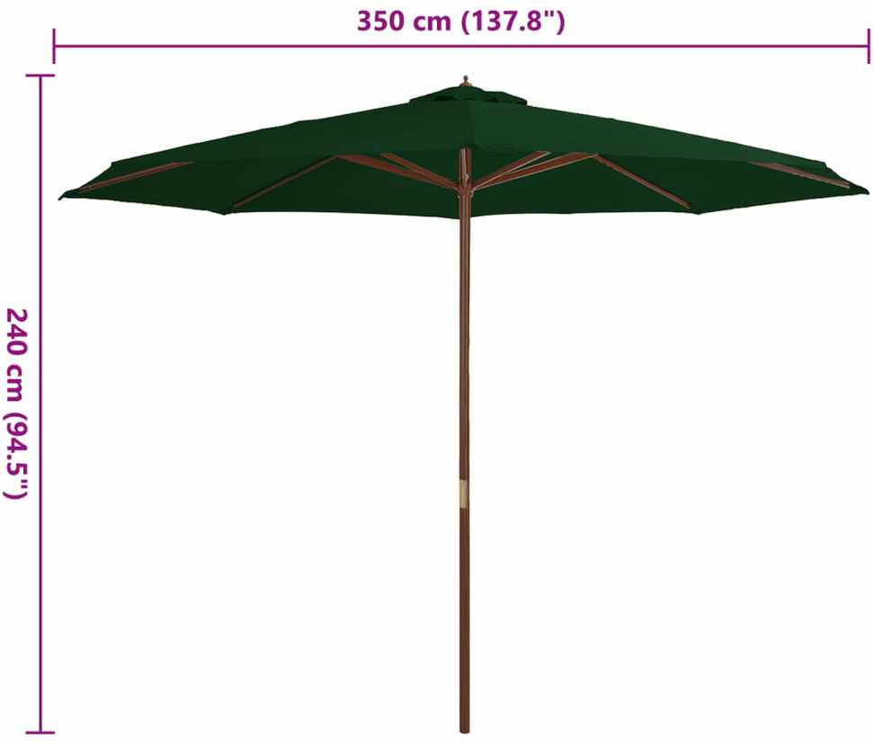 Lauko skėtis su mediniu stulpu, žalios spalvos, 350 cm