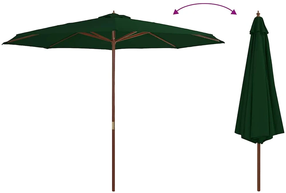 Lauko skėtis su mediniu stulpu, žalios spalvos, 350cm