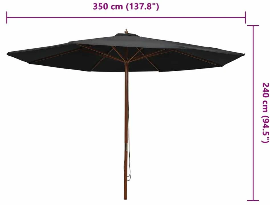 Lauko skėtis nuo saulės su mediniu stulpu, juodas, 350cm