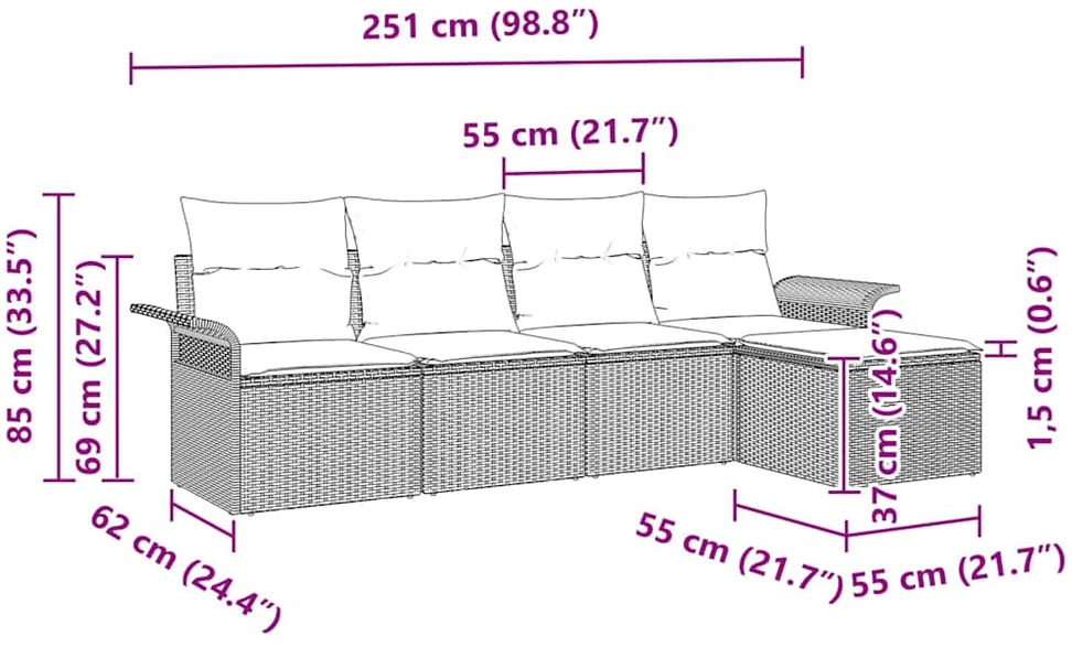 Lauko sofa 5 vnt. Ruda poliratanas