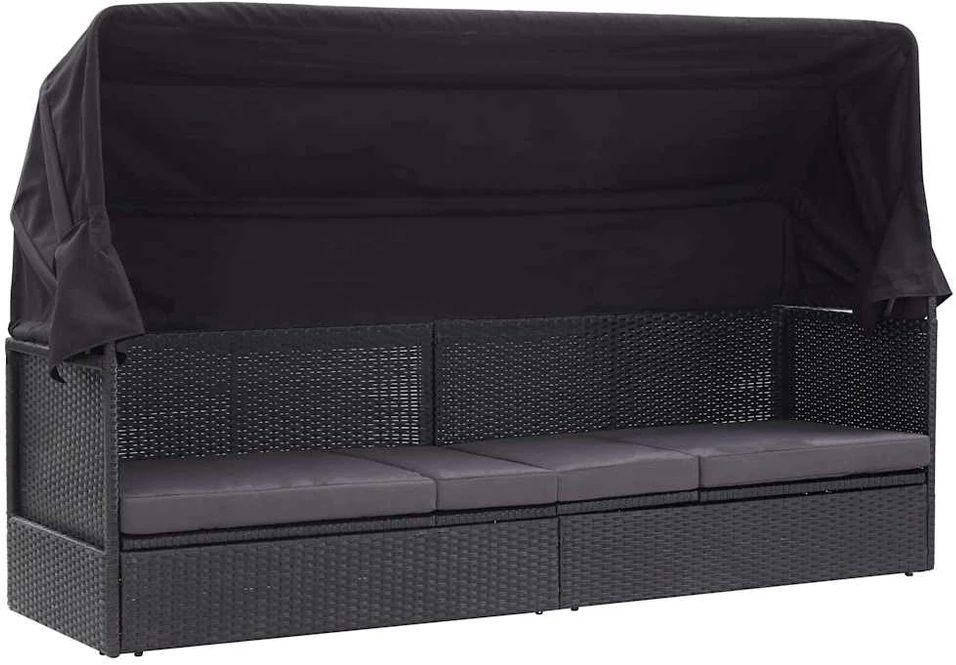 Lauko sofa-lova su stogeliu, juodos spalvos, poliratanas