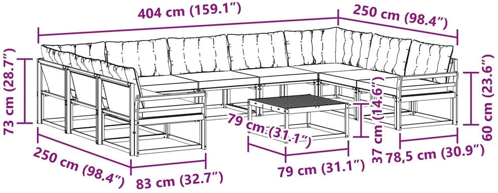 Lauko sofos komplektas 10 vnt. 9 vietos Balta ir juoda