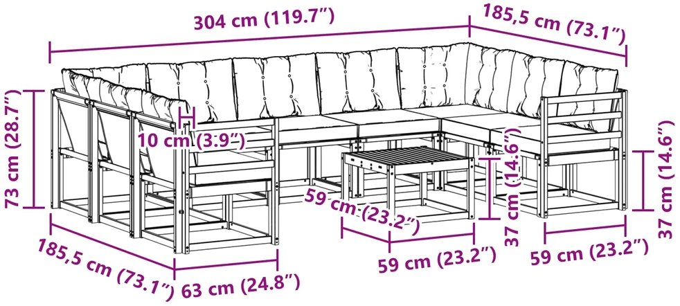 Lauko sofos komplektas 10 vnt. Balta ir juoda